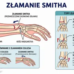 Ilustracja przedstawia złamanie kości przedramienia typu Smitha, z przemieszczeniem odłamu w kierunku dłoniowym. Pokazuje typy złamania i porównanie z złamaniem Collesa.