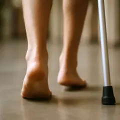 Osoba z kulą wspiera się, stawiając ostrożne kroki. Po urazie, jakim jest złamanie kości piętowej, powrót do sprawności bywa trudny.
