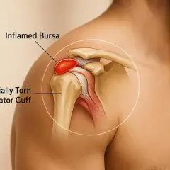 Anatomia ramienia z zapaleniem kaletki i częściowym naderwaniem stożka rotatorów, przyczyniająca się do bólu ramienia.
