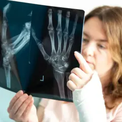 Kobieta z ręką w gipsie analizuje zdjęcie RTG, na którym widoczne jest złamanie spiralne kości.