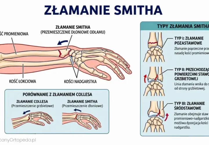 Ilustracja przedstawia złamanie kości przedramienia typu Smitha, z przemieszczeniem odłamu w kierunku dłoniowym. Pokazuje typy złamania i porównanie z złamaniem Collesa.