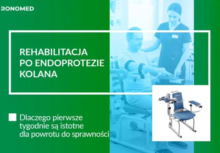 Rehabilitacja po endoprotezie kolana. Pacjent ćwiczy z fizjoterapeutką, a obok widoczny specjalistyczny fotel rehabilitacyjny.