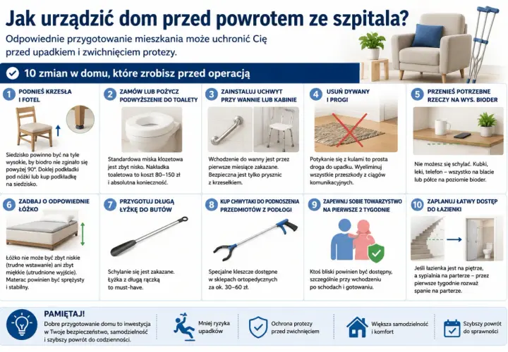 Przygotowanie domu po endoprotezie biodra: podwyższone krzesła, uchwyty, długie łyżki i inne ułatwienia.