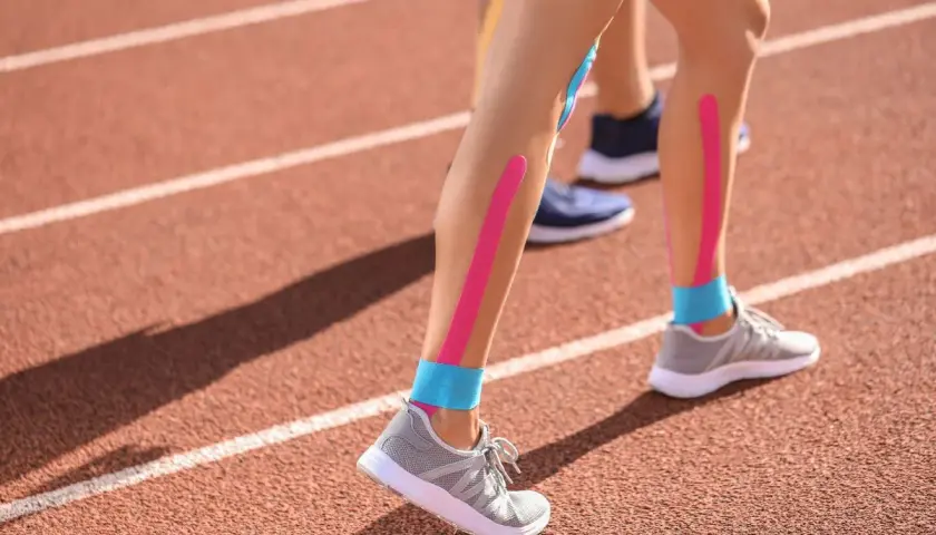Biegacze na bieżni z kolorowymi taśmami na nogach. Kinesiotaping przeciwwskazania - warto pamiętać o nich przed zastosowaniem.