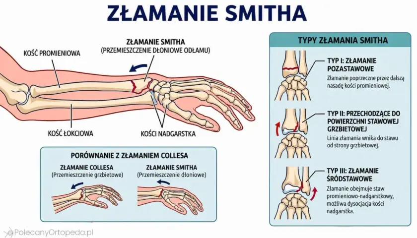 Ilustracja przedstawia złamanie kości przedramienia typu Smitha, z przemieszczeniem odłamu w kierunku dłoniowym. Pokazuje typy złamania i porównanie z złamaniem Collesa.