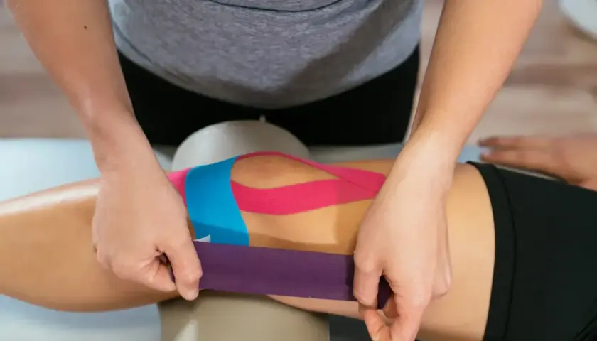 Fizjoterapeuta aplikuje kolorowe plastry na kolano, wykonując kinesio taping.