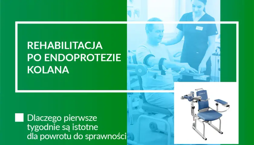 Rehabilitacja po endoprotezie kolana. Pacjent ćwiczy z fizjoterapeutką, a obok widoczny specjalistyczny fotel rehabilitacyjny.