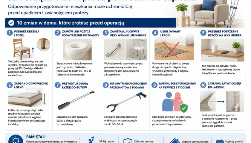 Przygotowanie domu po endoprotezie biodra: podwyższone krzesła, uchwyty, długie łyżki i inne ułatwienia.