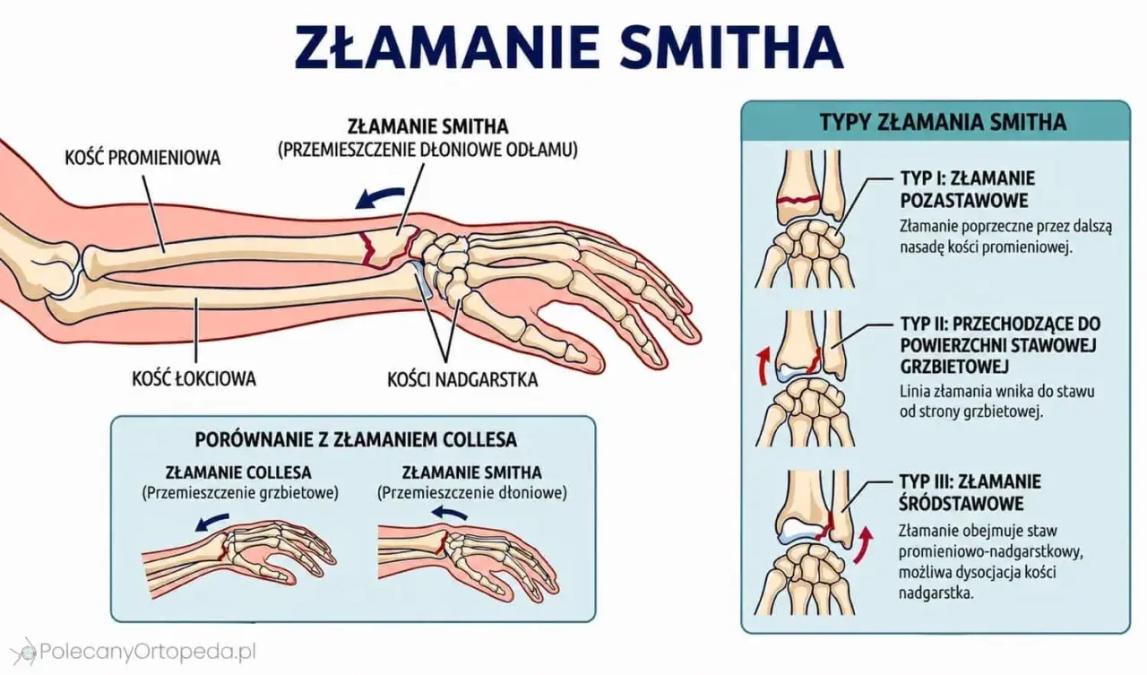 Ilustracja przedstawia złamanie kości przedramienia typu Smitha, z przemieszczeniem odłamu w kierunku dłoniowym. Pokazuje typy złamania i porównanie z złamaniem Collesa.