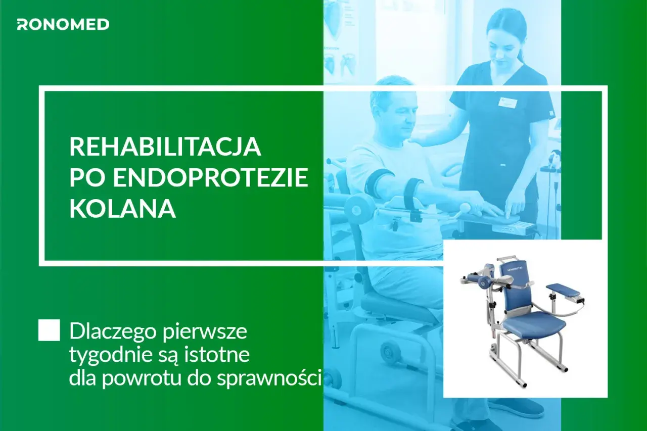 Rehabilitacja po endoprotezie kolana. Pacjent ćwiczy z fizjoterapeutką, a obok widoczny specjalistyczny fotel rehabilitacyjny.