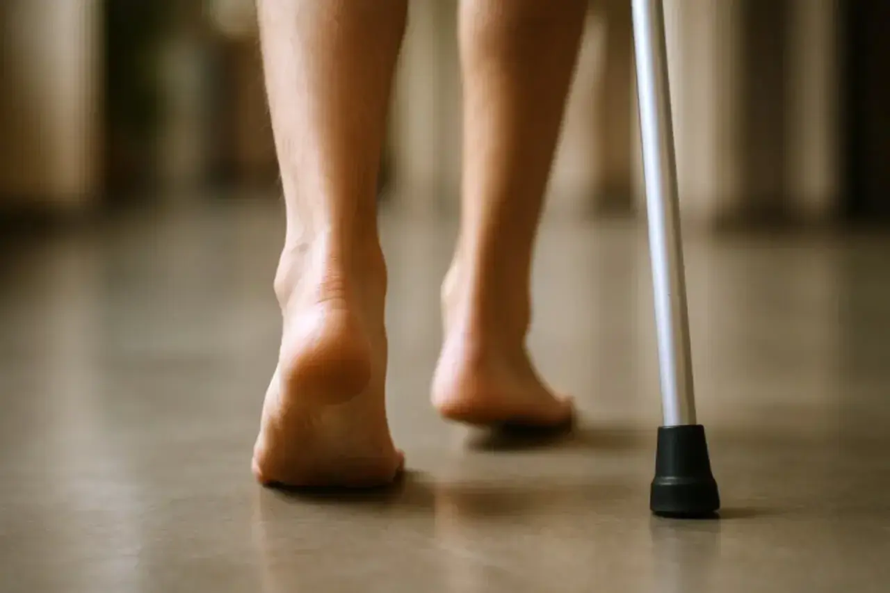 Osoba z kulą wspiera się, stawiając ostrożne kroki. Po urazie, jakim jest złamanie kości piętowej, powrót do sprawności bywa trudny.