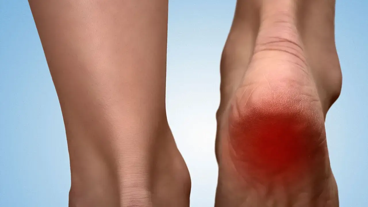 Ból pięty, zaczerwienienie i test na rozcięgno podeszwowe.