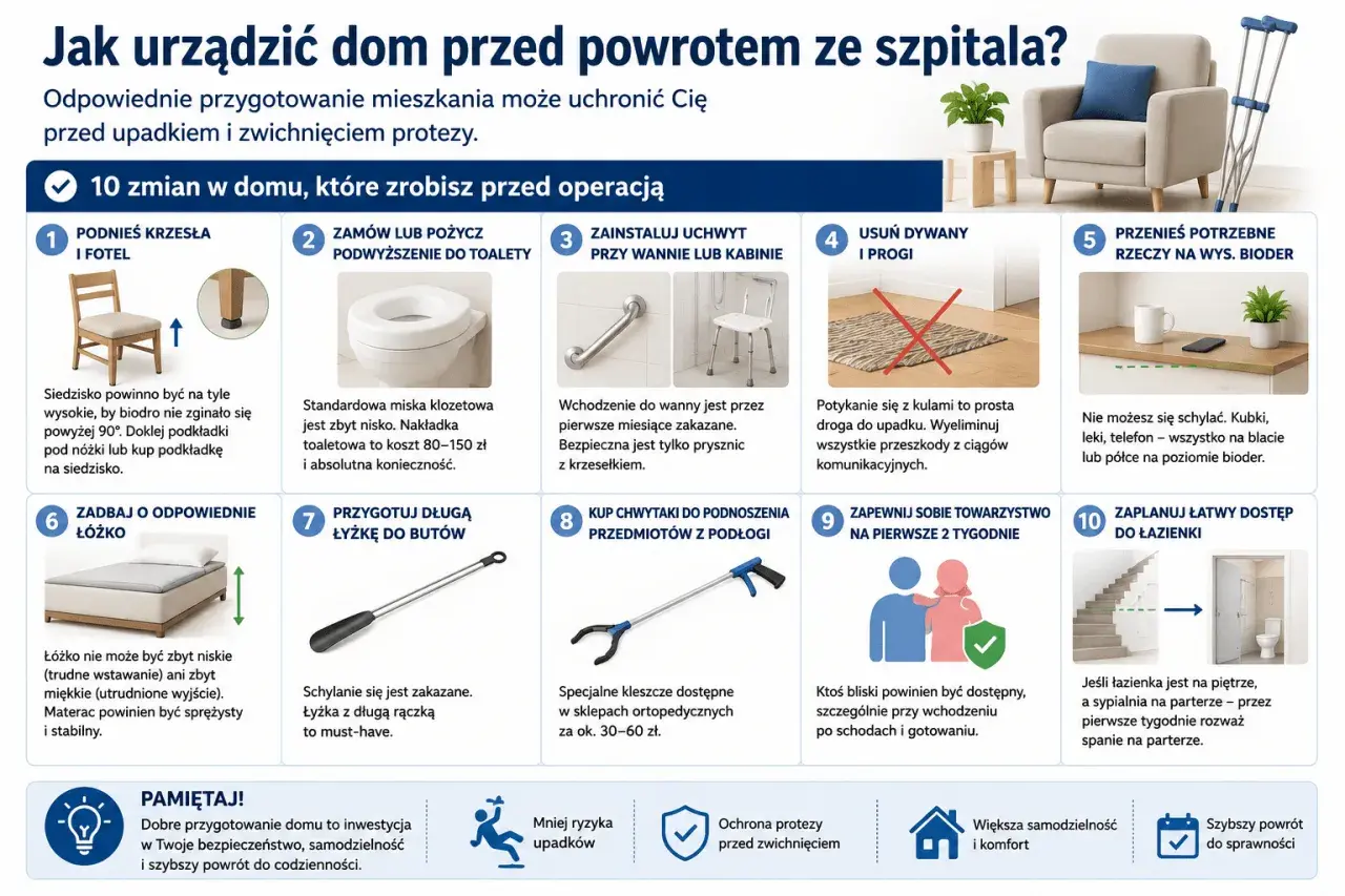 Przygotowanie domu po endoprotezie biodra: podwyższone krzesła, uchwyty, długie łyżki i inne ułatwienia.