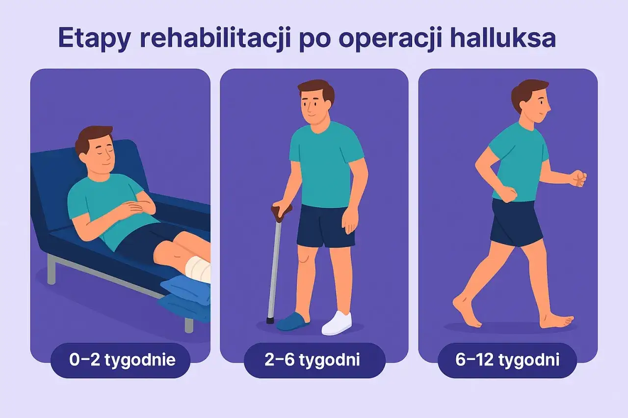 Etapy rehabilitacji po operacji haluksa: odpoczynek (0-2 tyg.), chodzenie o kulach (2-6 tyg.), powrót do aktywności (6-12 tyg.).