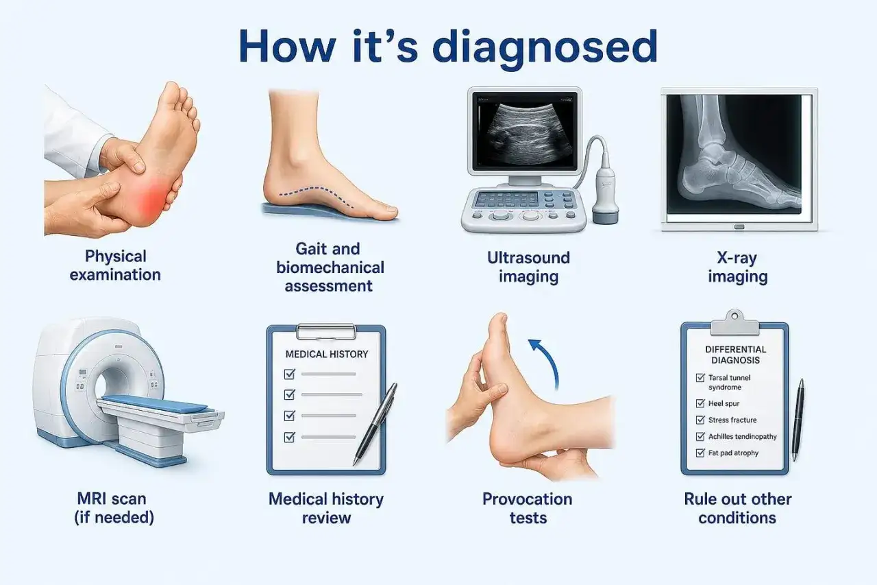 Badanie fizykalne, ocena chodu, USG, RTG, MRI, wywiad lekarski i testy prowokacyjne pomagają w diagnozie rozcięgna podeszwowego.