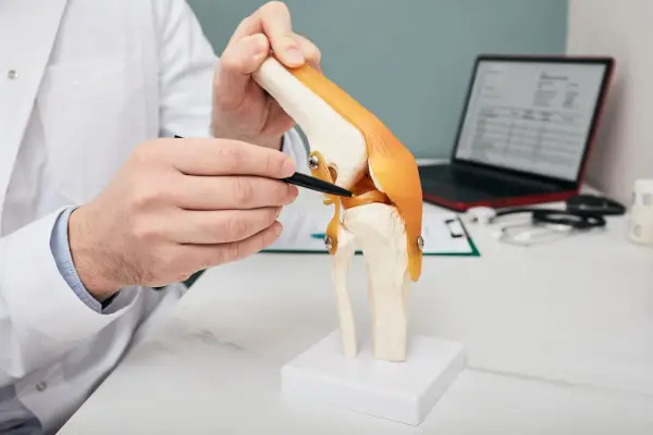 Lekarz pokazuje na modelu kolana, gdzie może być uszkodzona łąkotka. W tle widać laptop z wynikami rezonansu magnetycznego.